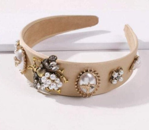 Bejeweled Bee & Pearl Rhinestone Headband - Beige