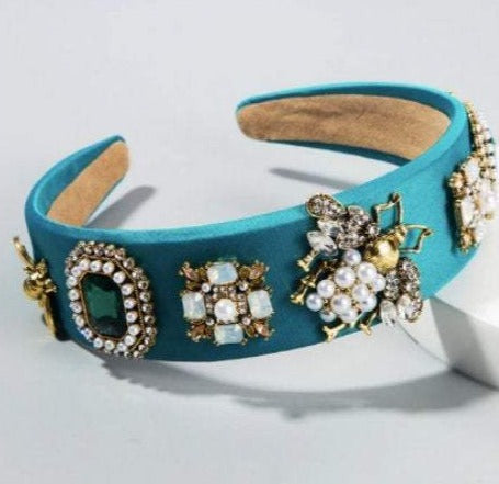 Bejeweled Baroque Rhinestone Headband - Teal