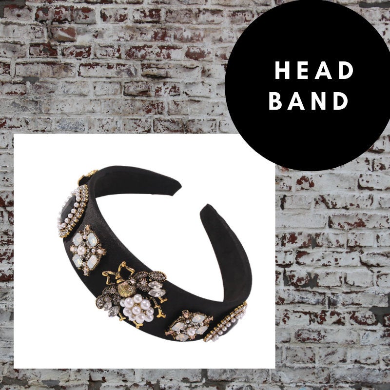 Bejeweled Bee & Pearl Rhinestone Headband - Beige