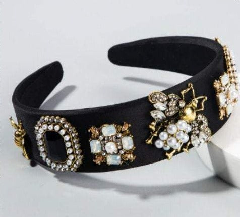 Bejeweled Baroque Rhinestone Headband - Black